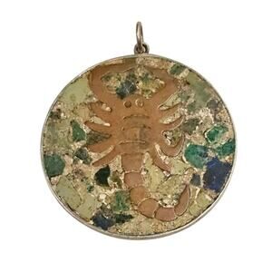 1940s Scorpion Pendant Vtg Mexico Sterling Copper & Stone Mosaic Inlay